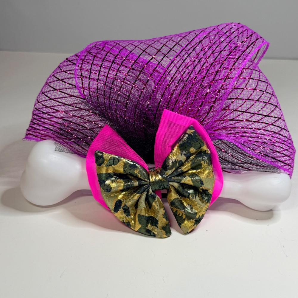 Handmade Purple Deco Mesh Dance Hair Clip Metallic Leopard Bow Neon Pink 8"